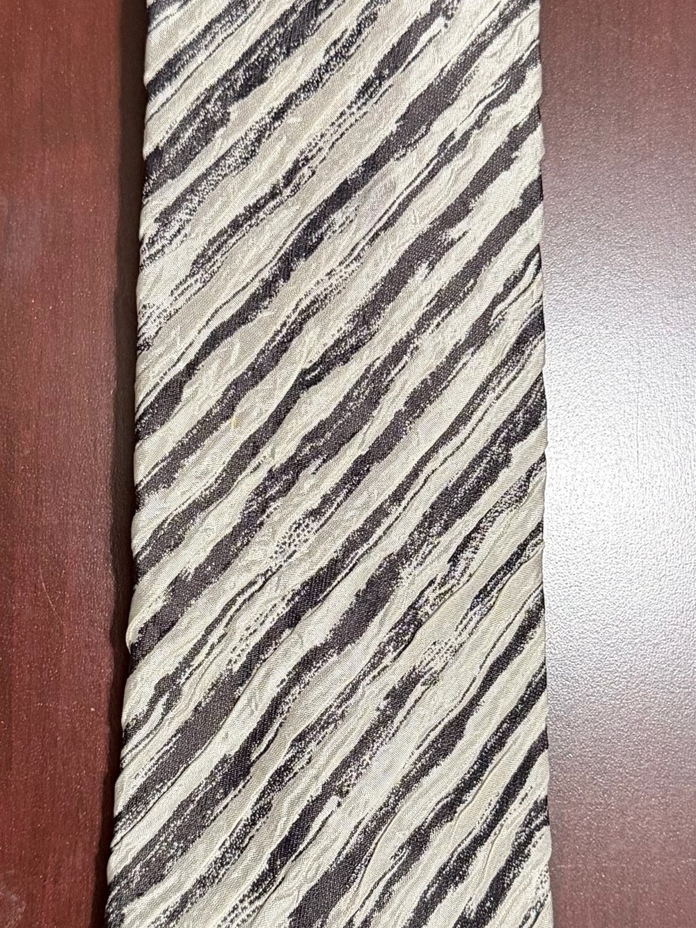 Issey Miyake Cream and Black Diagonal Stripe Silk Tie